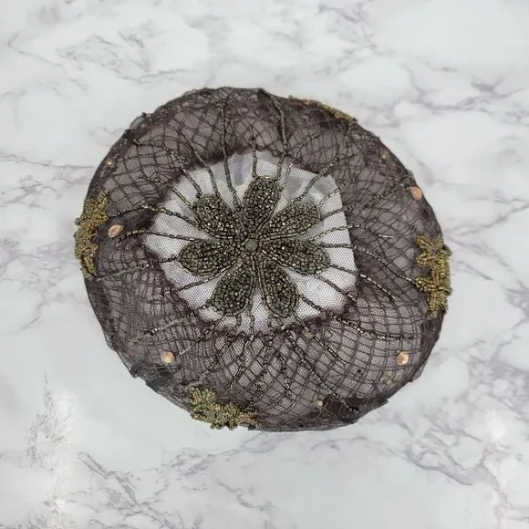 50s Tambour Embroidery Beaded Women's Hat Facinator Pillbox Mesh - Picture 15 of 16